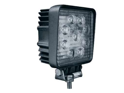 FARO DE TRABAJO CUADRADO 4´´ - 9 LEDS*3W=27W 12-30V, 1750LM, 6000K, 110*110*55MM/5¨, 30000 HORAS IP67 - HI-POWER BRAND BOX