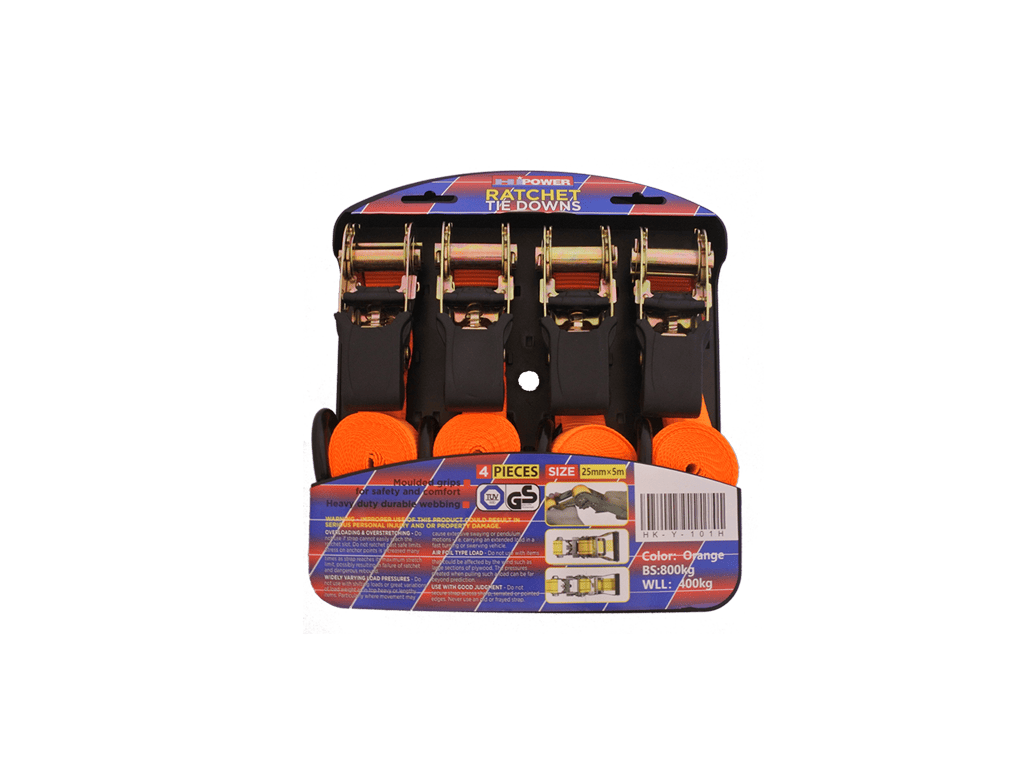 SET DE 4 CORREAS PARA ASEGURAR CARGA CON GANCHOS TIPO ¨S¨ & CON TECLE - 25mm x 4,5mts - CARGA MAX 350KGS