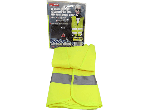 CHALECO REFLECTANTE AMARILLO - 120g/m2 100 POLYESTER, BANDA ALTAMENTE REFLECTANTE DE 5cm DE ANCHO, CUMPLE CON NORMA EN471 CLASE 2 - 65x64cm